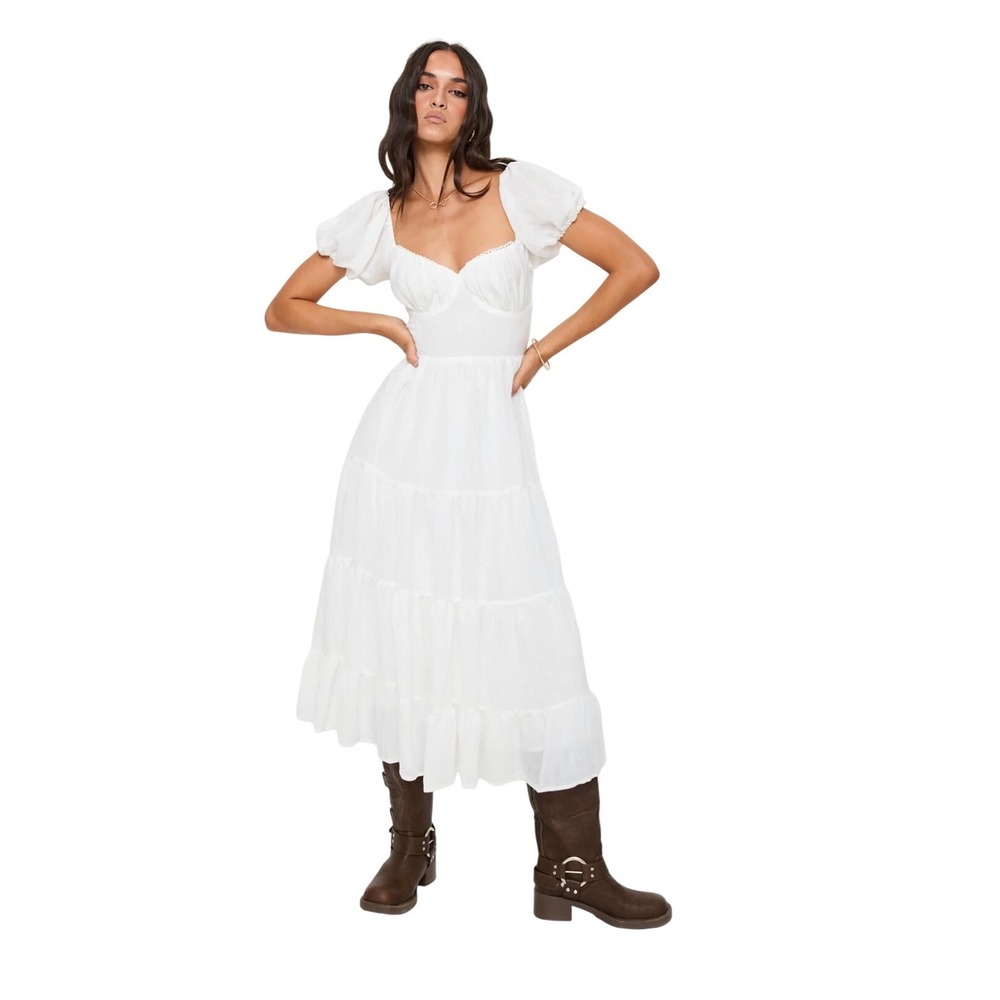 Princess Polly Danny White Cotton Tiered Puff Sleeve Midi Dress Tie Back size 12 - Picture 11 of 14